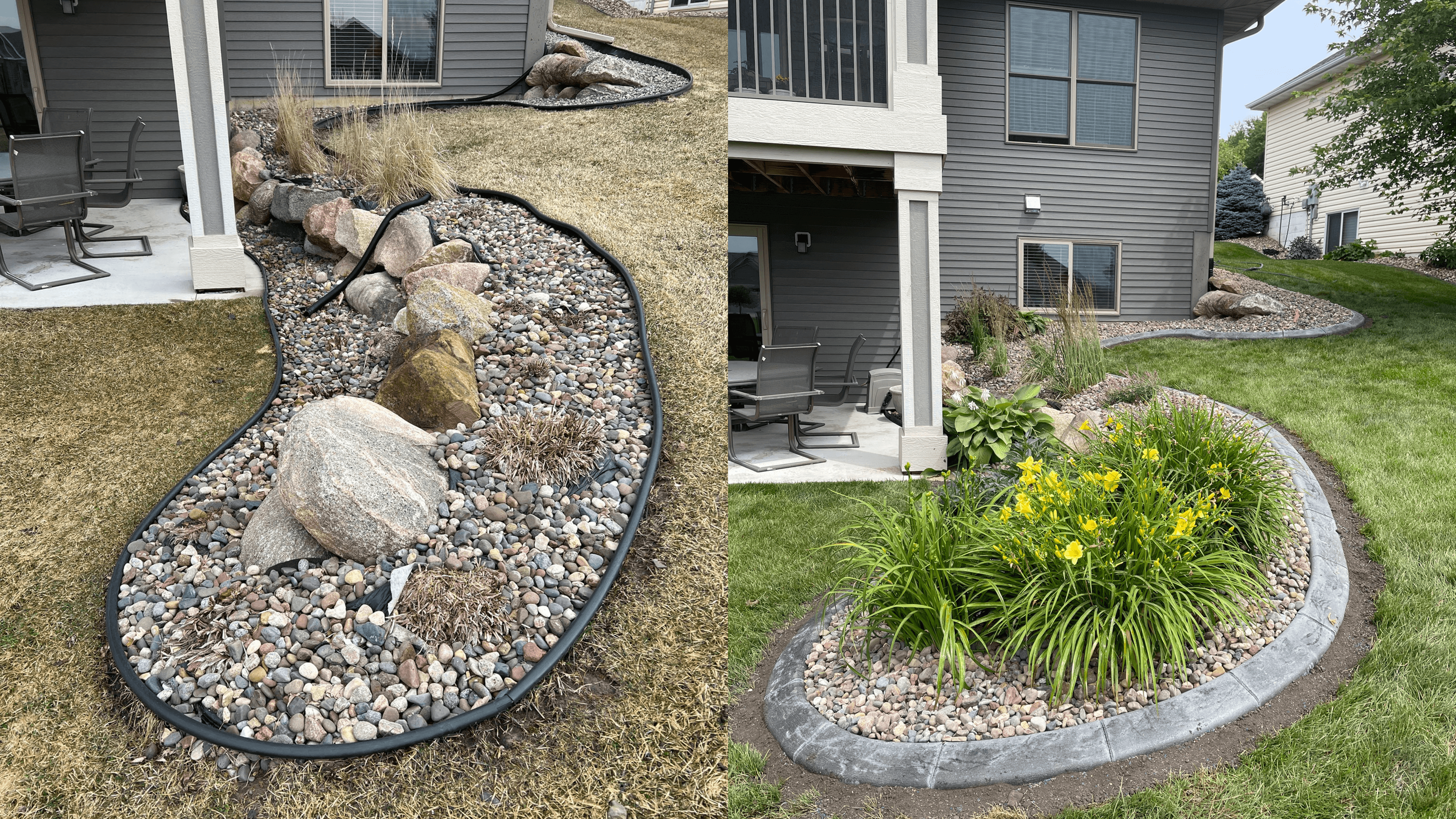 Rock garden with curved edging and seasonal flowers in Waseca, Minnesota